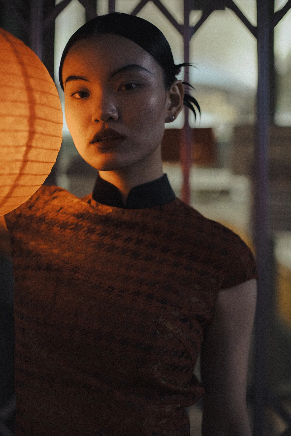 Warm lantern-lit qipao beauty portrait by Mira