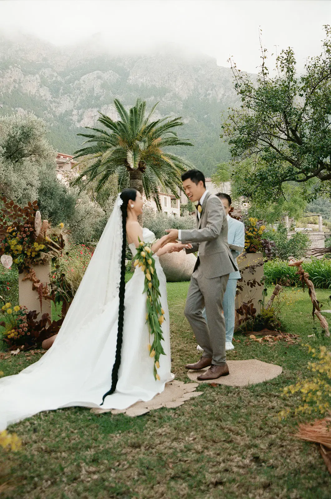 Outdoor wedding ceremony in a mountain garden