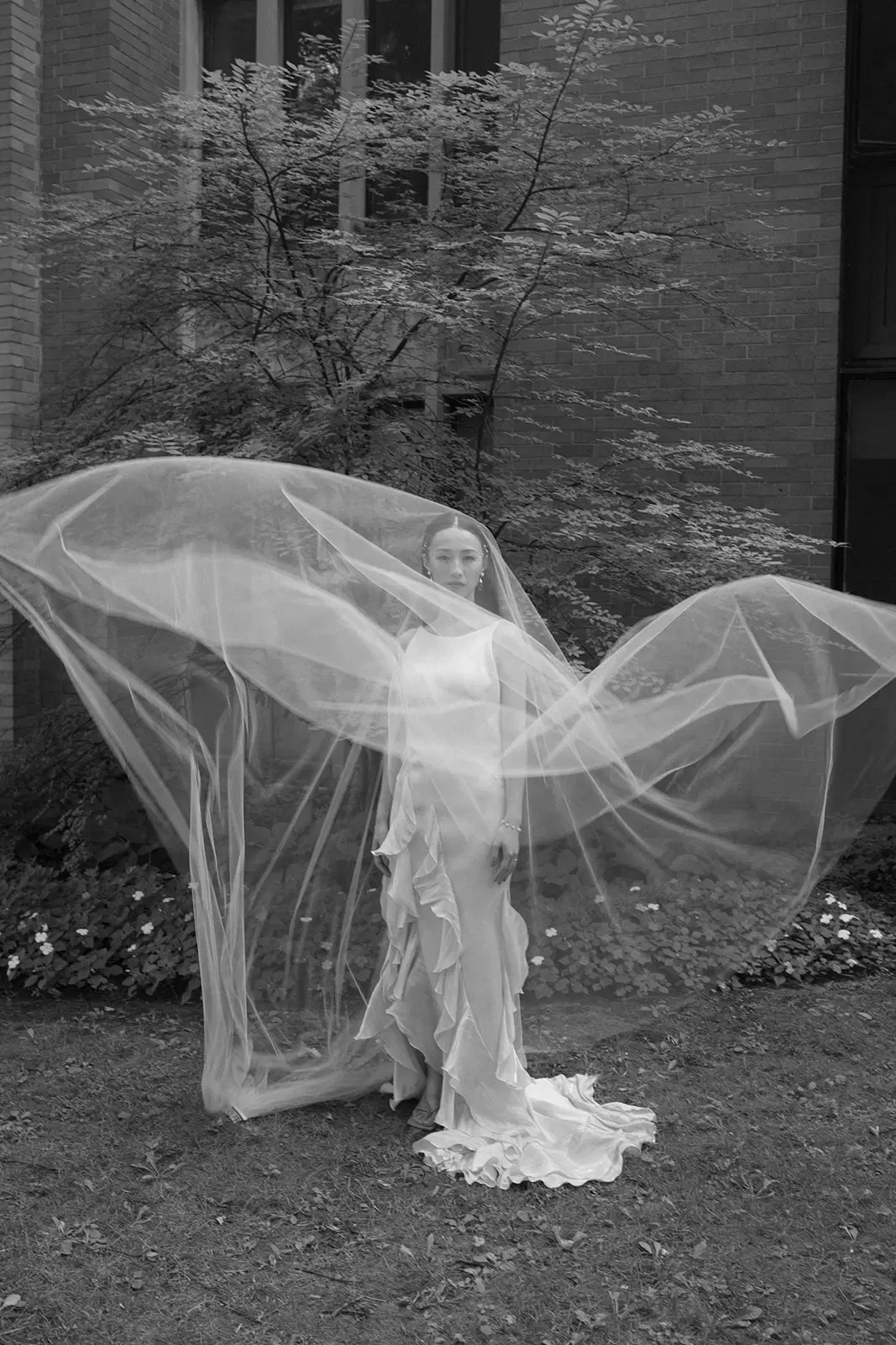 Black and white bridal veil in motion