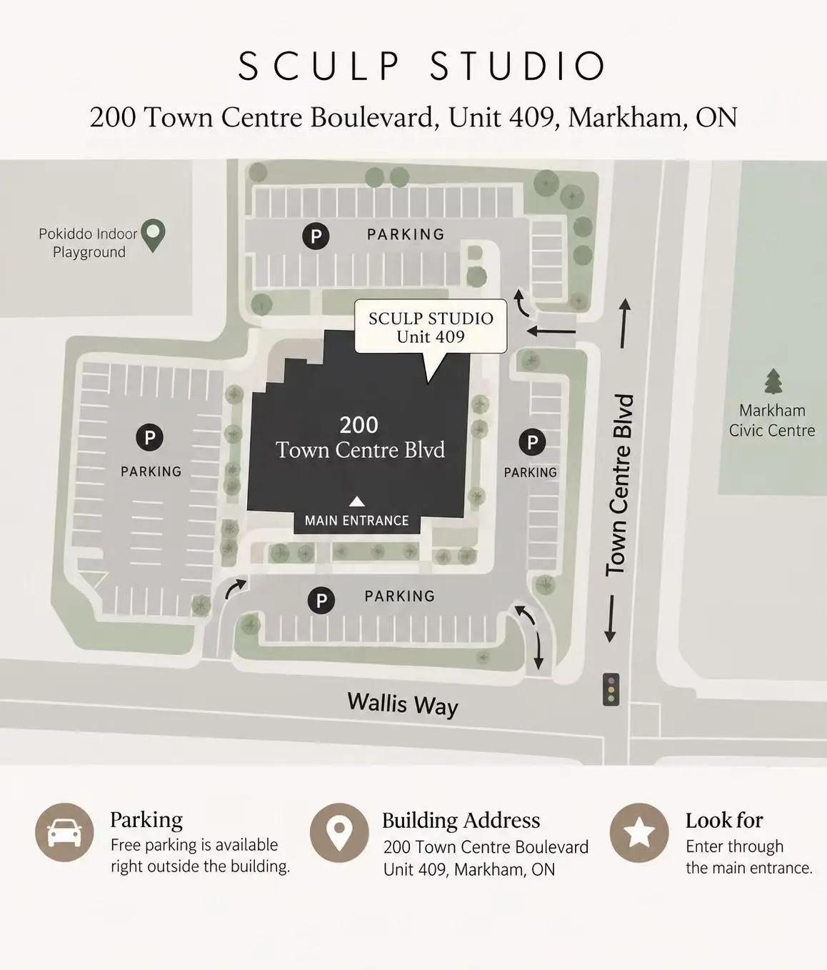 Parking and entrance map for SCULP Studio at 200 Town Centre Boulevard, Unit 409, Markham
