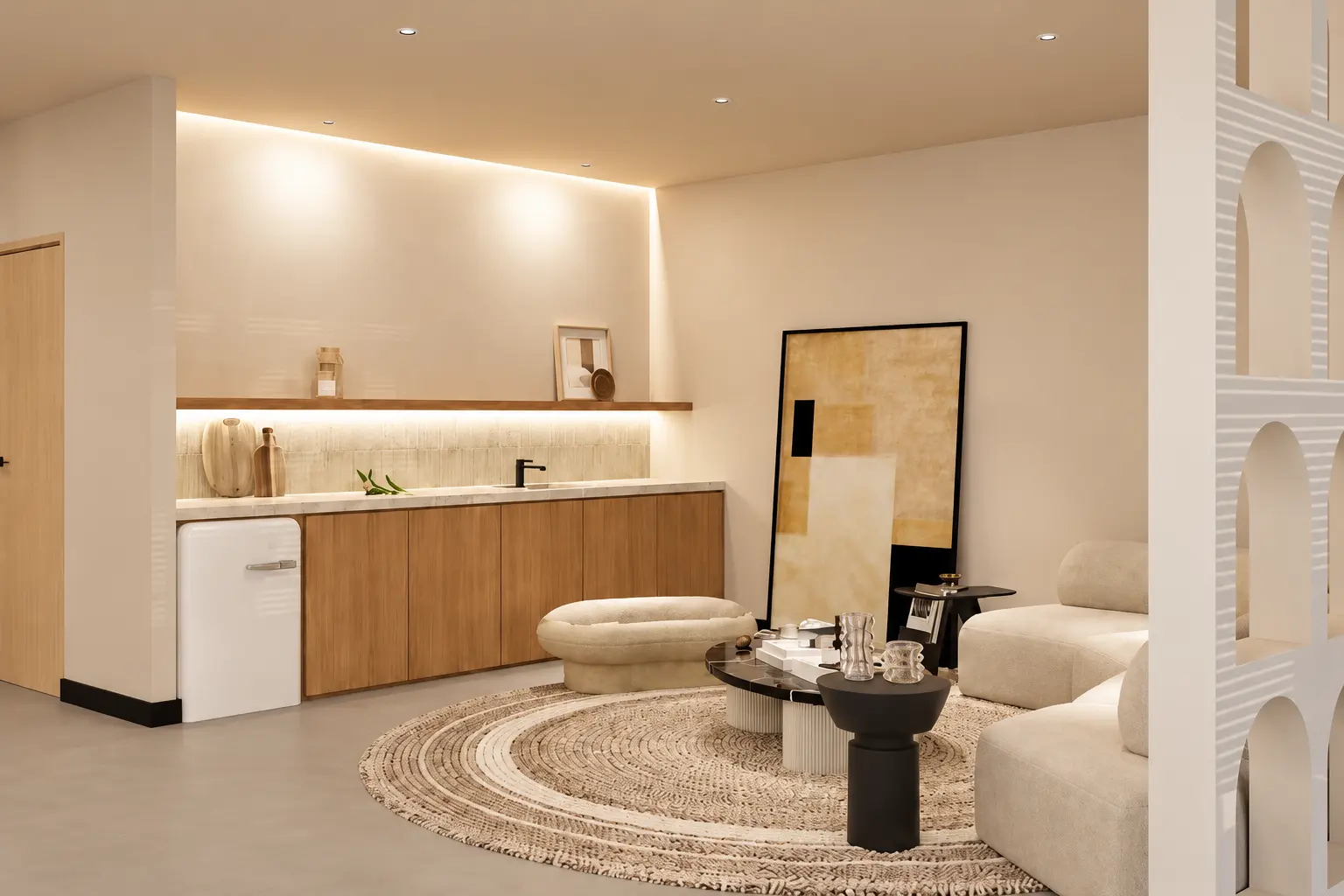 Warm neutral lounge and kitchenette inside SCULP Studio